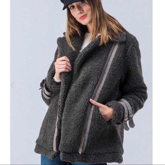 $ FIRM 🌷Charcoal Sherpa Racer Jacket - Picture 4 of 8